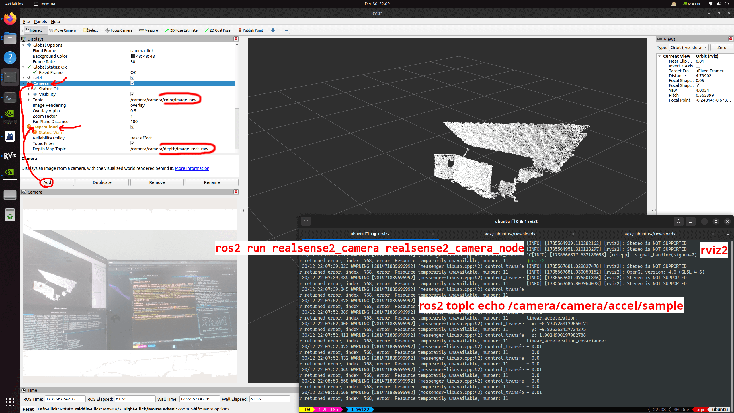 使用rviz2查看ROS2启动的D435i相机相关节点